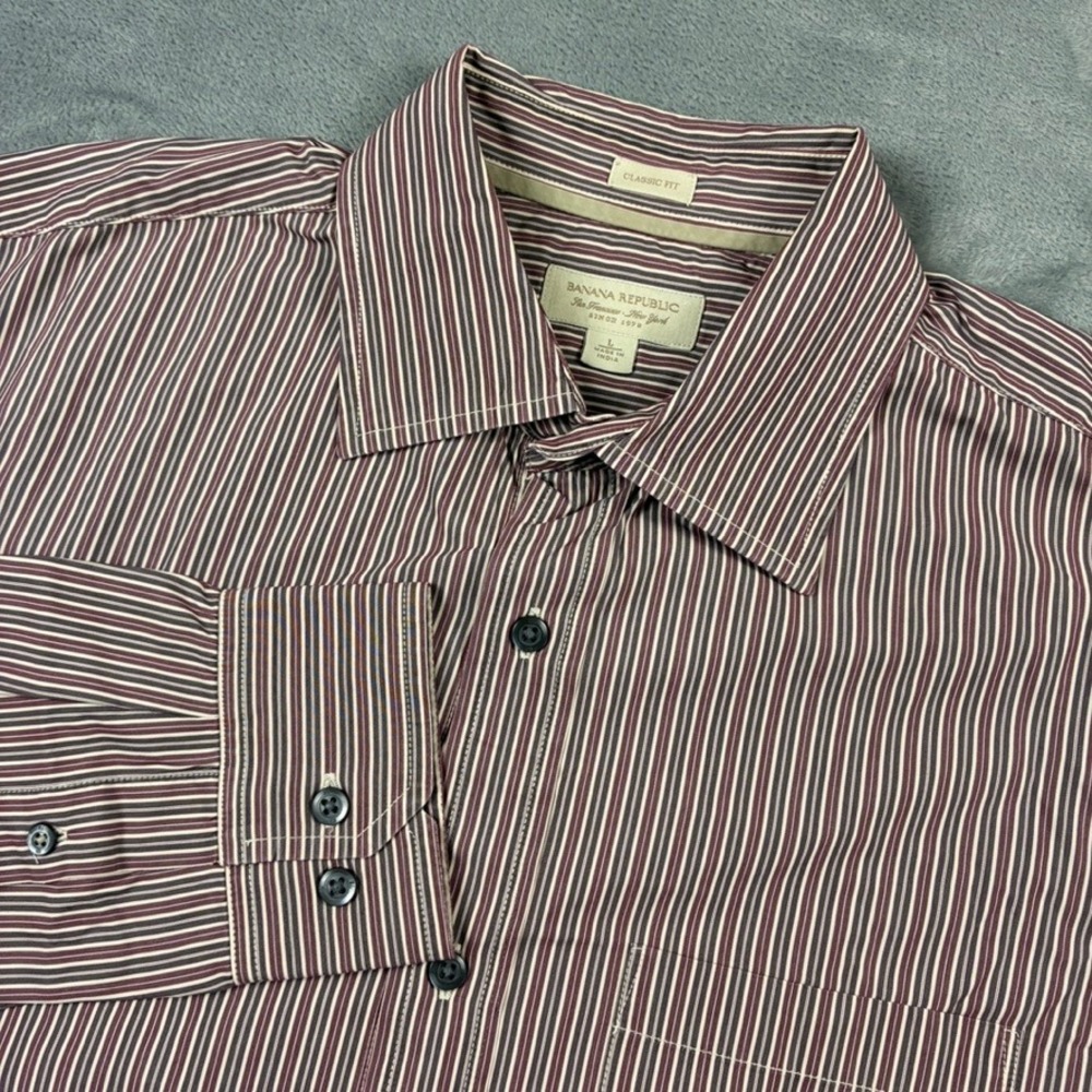 Banana Republic Mens Large Classic Fit Striped Button Down Shirt Burgundy Brown